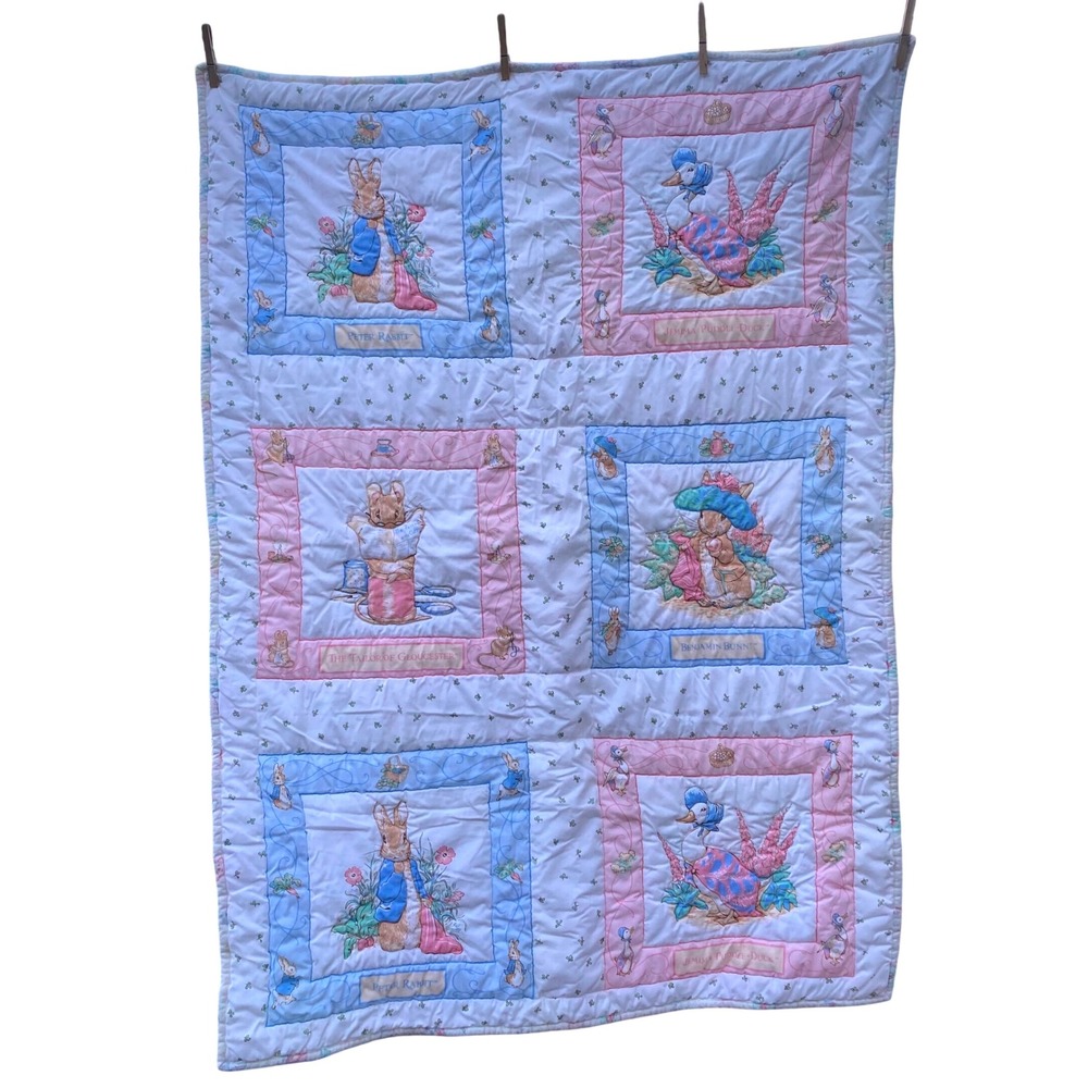 Vintage 90's Peter Rabbit Baby Quilt Blanket Jemima Puddleduck Benjamin Bunny 4f